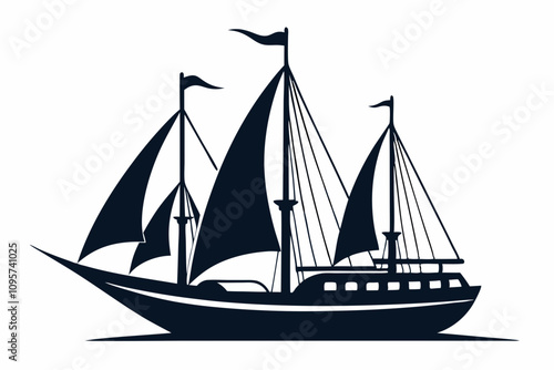 Sailer boat ship silhouette vector style white background. Ship silhouette line art illustration isolated on white
