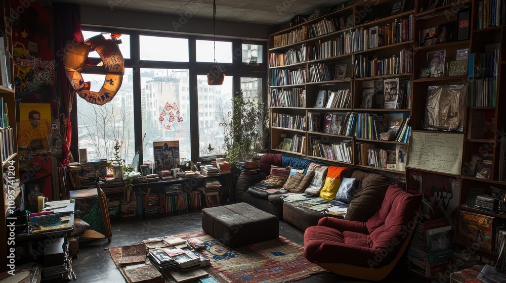 Cozy reading nook filled with books, a sofa, and large windows offering a view. Cozy reading nook filled with books, a sofa, and large windows offering a view.