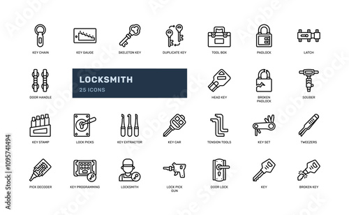 locksmith key tools secure security service protection outline line icon set