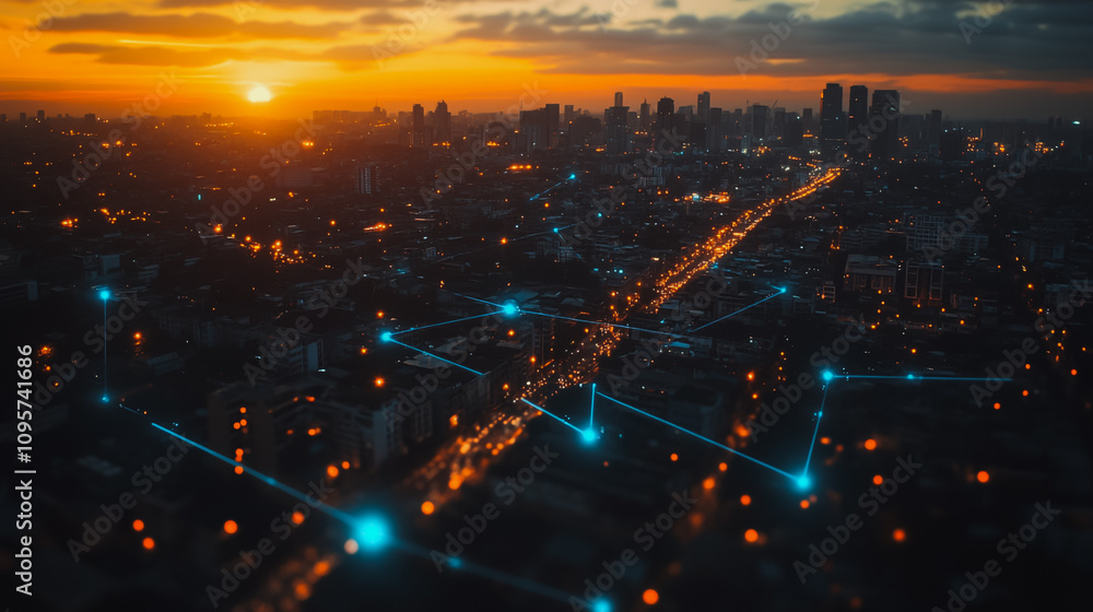 Naklejka premium Smart digital city with connection Innovation network reciprocity over the sunset cityscape Concept of future wireless digital city and social media networking systems that connects business people