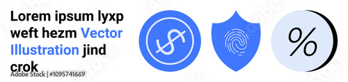 Text appears beside three icons a dollar symbol in a circle, a fingerprint inside a shield, and a percentage symbol. Ideal for finance, security, marketing, data analysis, app design, web design