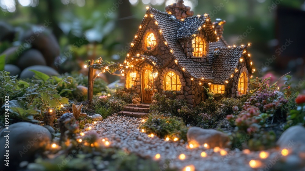 Fototapeta premium A charming miniature cottage adorned with fairy lights in a lush garden setting.