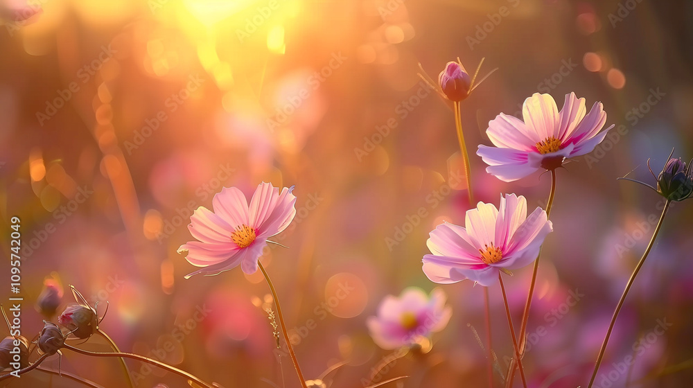 Sunlit Wildflowers in a Meadow with Warm Golden Glow at Sunrise Sunlit Wildflowers in a Meadow with Warm Golden Glow at Sunrise