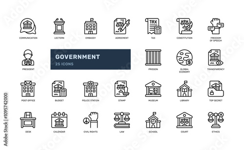 Government democracy official nation office duty outline line icon set