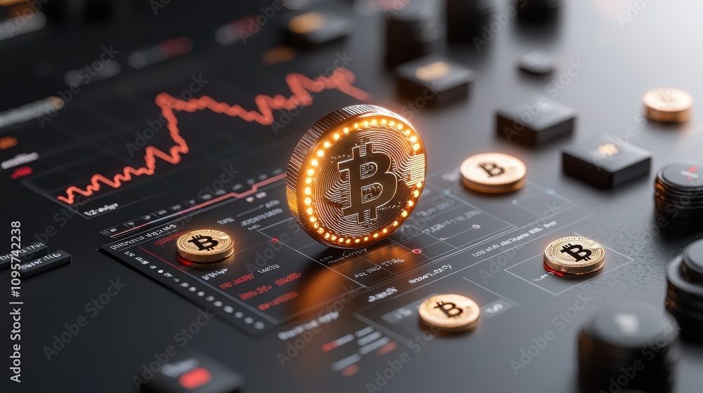 Digital Representation of Bitcoin on Trading Platform with Graph Indicators and Golden Coins Highlighting Cryptocurrency Investment Trends Digital Representation of Bitcoin on Trading Platform with Graph Indicators and Golden Coins Highlighting Cryptocurrency Investment Trends