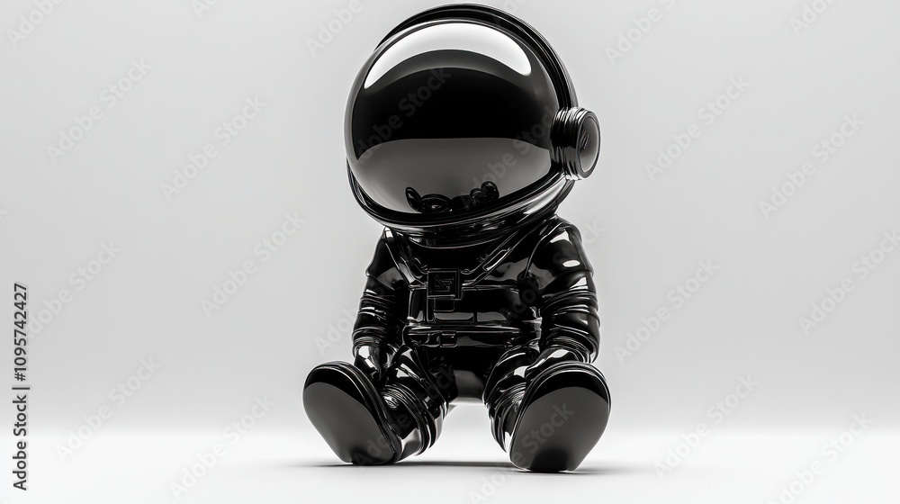 A glossy black astronaut figure sitting on a white background, showcasing a playful design. A glossy black astronaut figure sitting on a white background, showcasing a playful design.