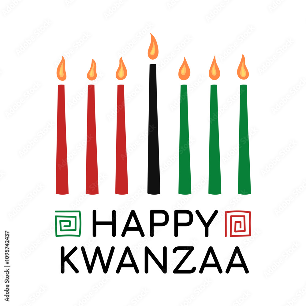 Happy Kwanzaa holiday. Vector square poster illustration of African kinara Kwanzaa symbol and text. Seven candles in candle holder with traditional ornament Happy Kwanzaa holiday. Vector square poster illustration of African kinara Kwanzaa symbol and text. Seven candles in candle holder with traditional ornament