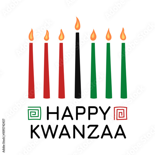 Happy Kwanzaa holiday. Vector square poster illustration of African kinara Kwanzaa symbol and text. Seven candles in candle holder with traditional ornament