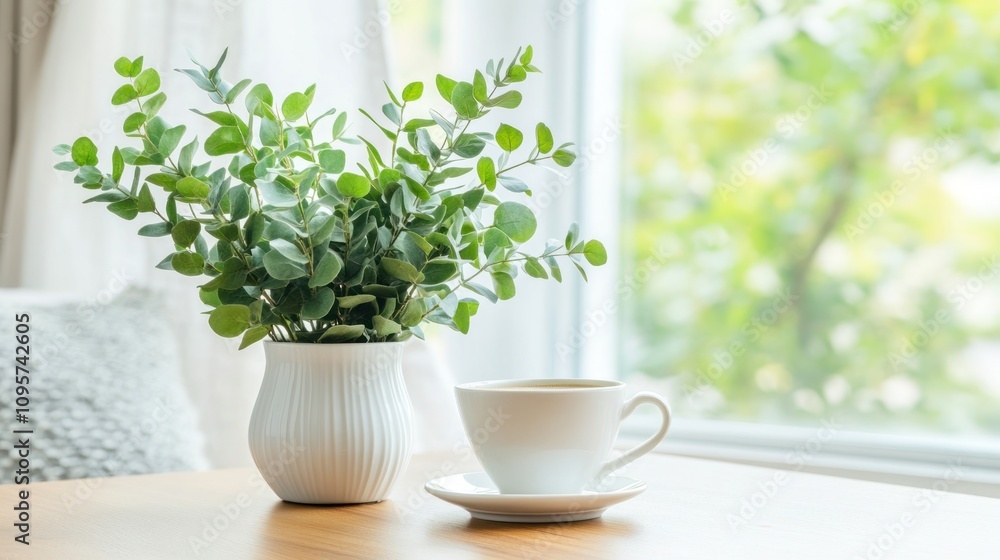 A serene indoor scene featuring a potted plant and a cup of tea on a wooden table. A serene indoor scene featuring a potted plant and a cup of tea on a wooden table.