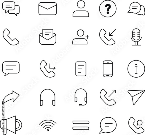 Communication icon set. Technical support line icon set. Set of contact and support thin line icons. Contains icons as phone call, customer, 24 hrs, email, faq and more
