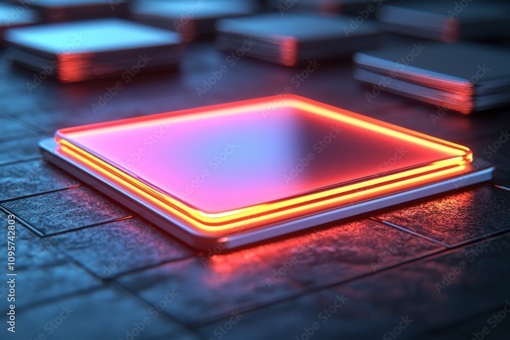 Futuristic Neon Square Platform Glowing Red Abstract Background Futuristic Neon Square Platform Glowing Red Abstract Background