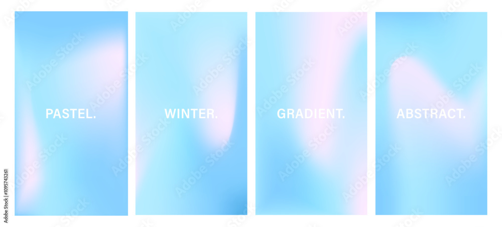 Set of Winter Gradient Backgrounds. Modern vector illustration. Iridescent aura card. Pastel minimalist backdrop for social media, business card or website design. Set of Winter Gradient Backgrounds. Modern vector illustration. Iridescent aura card. Pastel minimalist backdrop for social media, business card or website design.