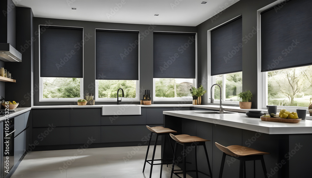 Modern kitchen with dark window shades, stylish design, functional layout, bright atmosphere, copy space
Modern kitchen with dark window shades, stylish design, functional layout, bright atmosphere, copy space