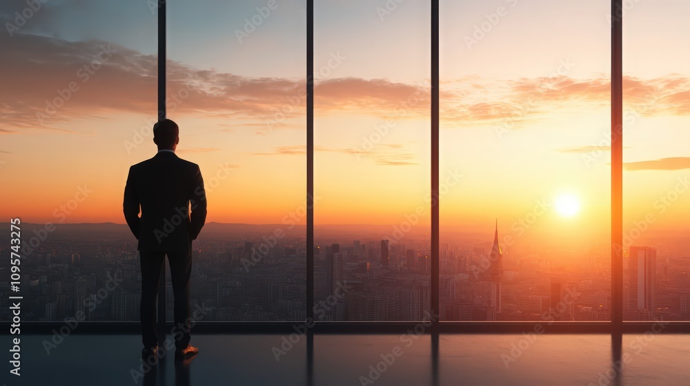 A man in a suit is looking out a window at the sunset A man in a suit is looking out a window at the sunset