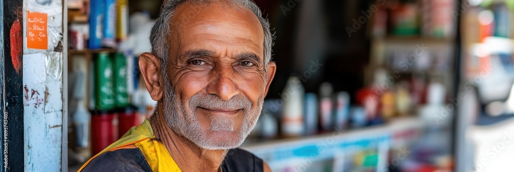 A smiling older man stands in front of a colorful shop, exuding warmth and friendliness. A smiling older man stands in front of a colorful shop, exuding warmth and friendliness.