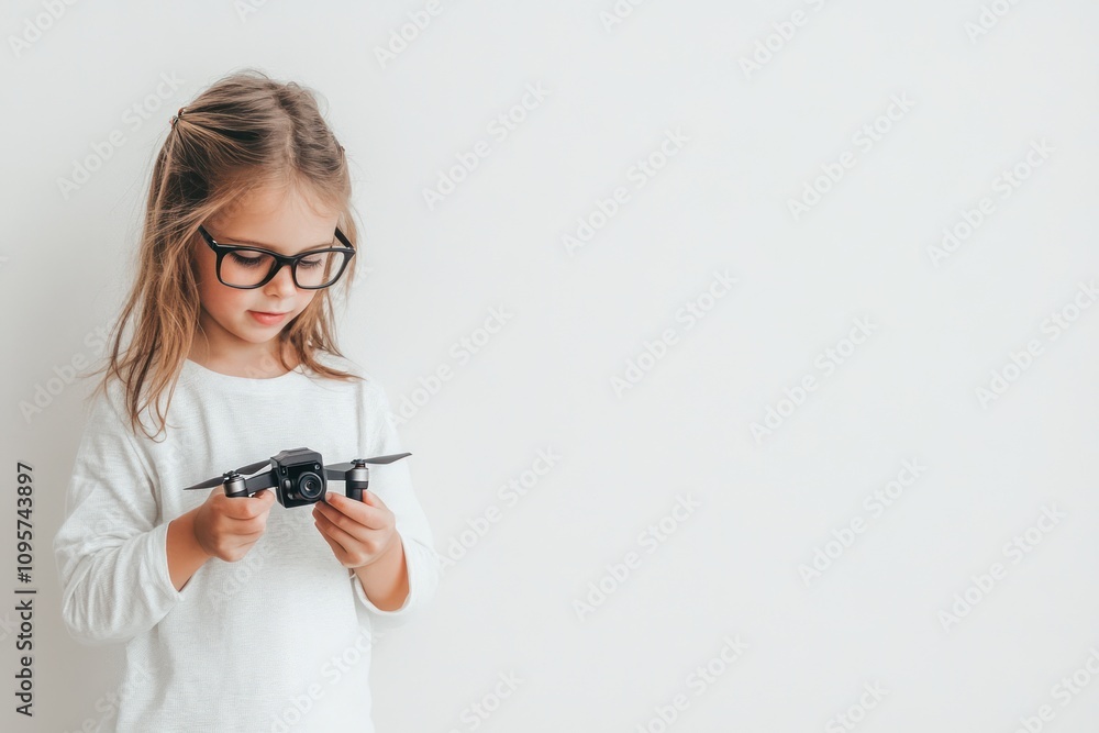 A young girl with glasses examines a small drone, showcasing curiosity and playfulness. A young girl with glasses examines a small drone, showcasing curiosity and playfulness.