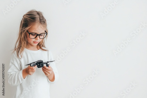 A young girl with glasses examines a small drone, showcasing curiosity and playfulness.