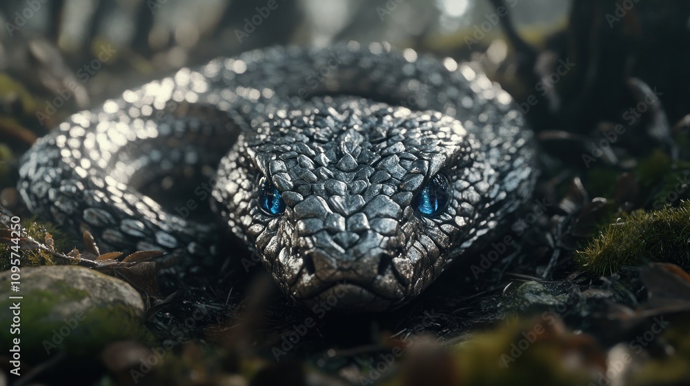 A close-up of a metallic-looking snake with striking blue eyes in a forest setting. A close-up of a metallic-looking snake with striking blue eyes in a forest setting.