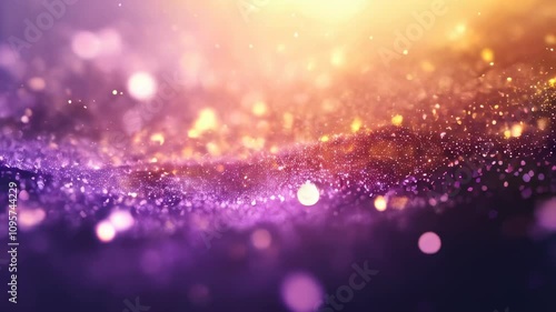 A vibrant background with purple and gold glitter sparkles, creating a festive and magical atmosphere in soft focus.