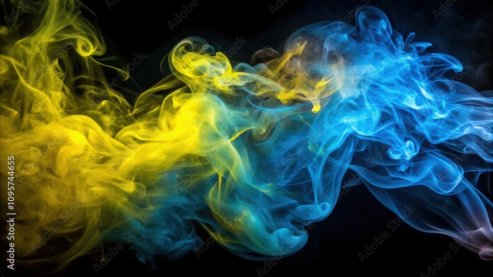 Fototapeta premium Yellow-blue smoke swirling in neon light against black background, neon, smoke, abstract, colorful, vibrant, glow, illuminated