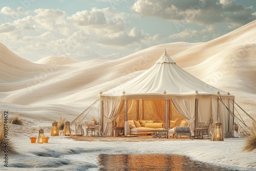 Luxurious desert tent in sand dunes. Ideal for travel, adventure, and luxury lifestyle websites.