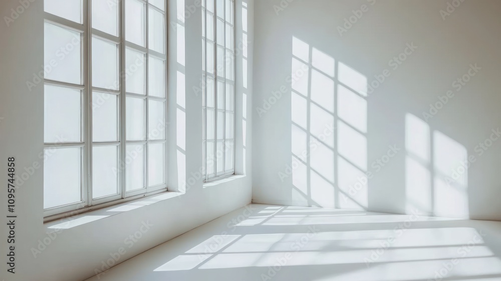 A bright, minimalistic room with large windows casting shadows on the floor. A bright, minimalistic room with large windows casting shadows on the floor.