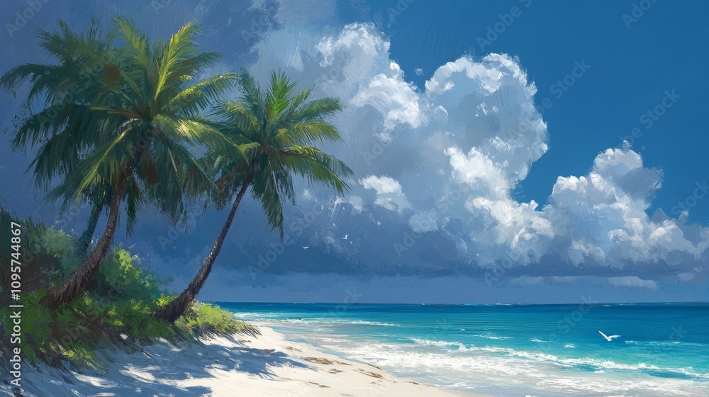 Fototapeta premium Tropical beach scene with palm trees coastal setting digital artwork sunny environment seaside view tranquility concept