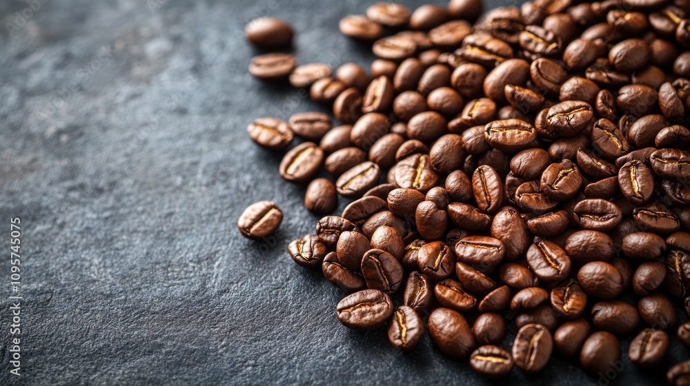A close-up of roasted coffee beans scattered on a dark surface. A close-up of roasted coffee beans scattered on a dark surface.