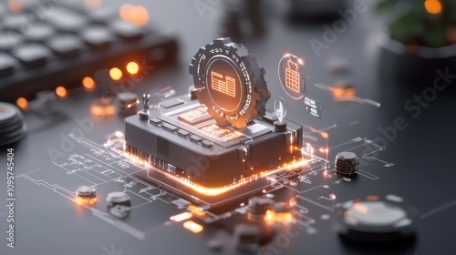 Futuristic Technology Concept with Digital Circuit Board and Data Processing Elements Representing Innovation and Connectivity in a Modern Workspace