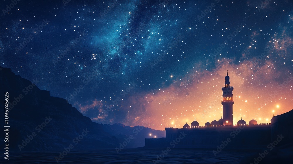 View of the Kaaba under a star-lit sky, mosque lights illuminating the scene, creating a mystical and peaceful nighttime view 