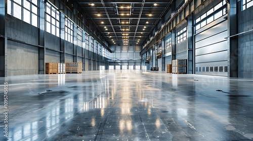 A spacious industrial warehouse with high ceilings, large windows, and polished floors, designed for storage and logistics.