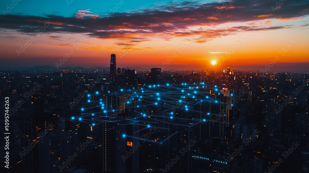 Fototapeta premium Smart digital city with connection Innovation network reciprocity over the sunset cityscape Concept of future wireless digital city and social media networking systems that connects business people