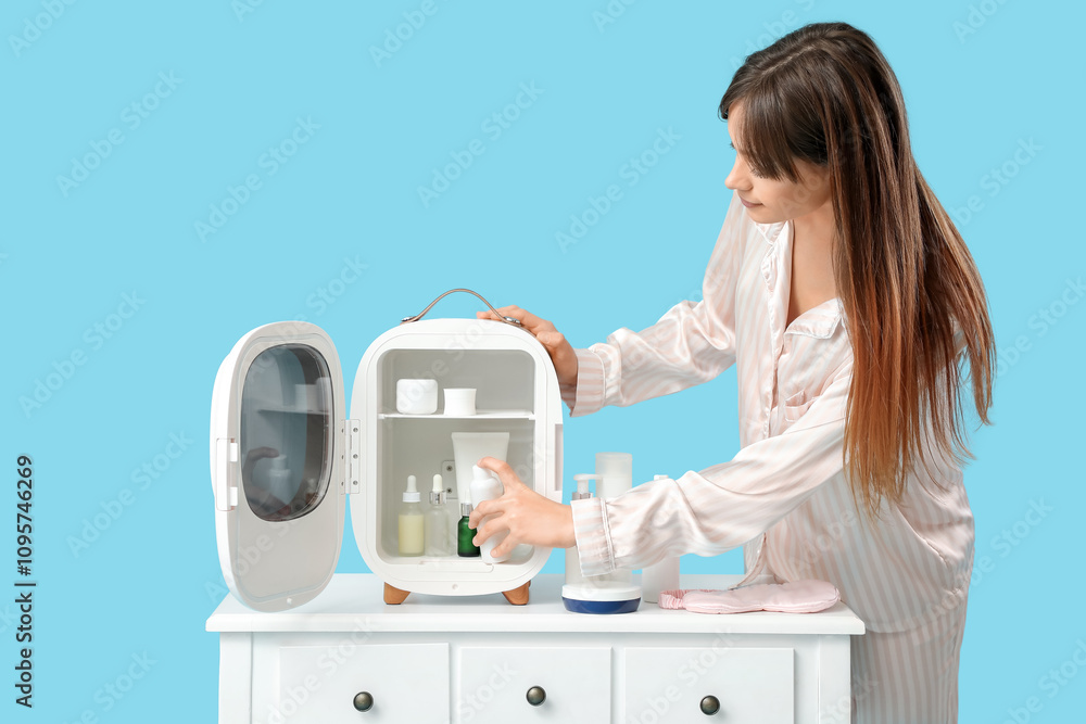 Beautiful young woman taking cosmetics from small refrigerator on blue background Beautiful young woman taking cosmetics from small refrigerator on blue background