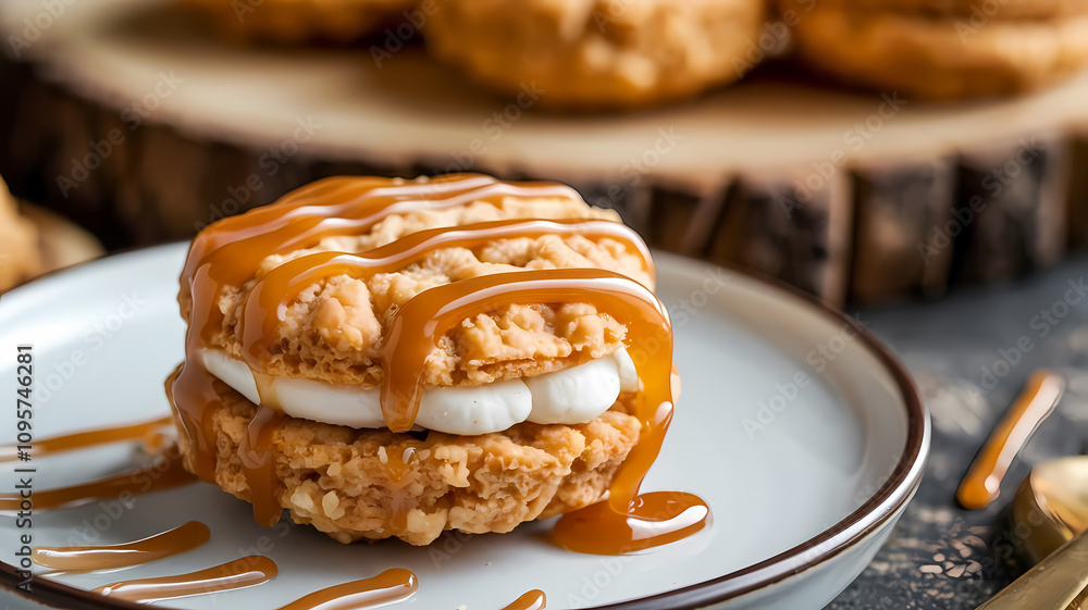 Caramel-Drizzled Oatmeal Cookie Sandwich on Plate Caramel-Drizzled Oatmeal Cookie Sandwich on Plate