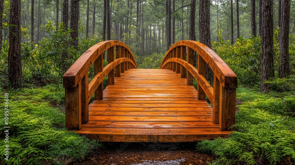 Scenic Wooden Bridge in Lush Green Forest Nature Trail Scenic Wooden Bridge in Lush Green Forest Nature Trail