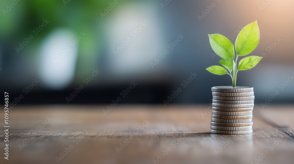 A plant is growing out of a stack of coins A plant is growing out of a stack of coins