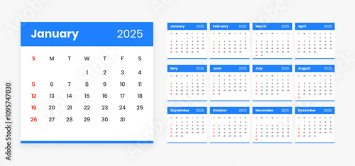 white blue 2025 annual calendar template for office wall or desk