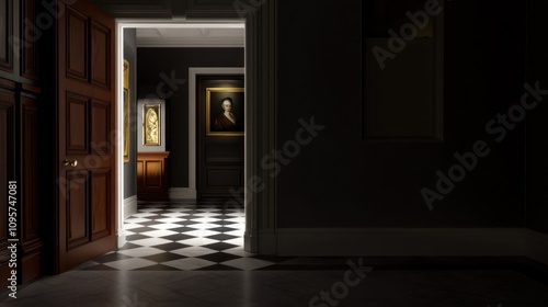 A dimly lit hallway with an open door leading to a gallery of art. photo