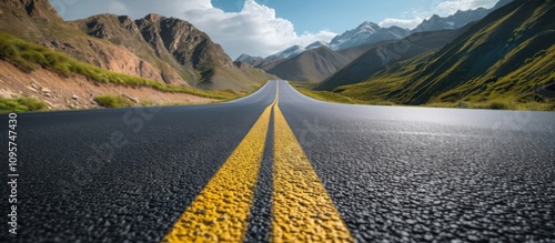 Empty road stretching to the horizon, a scenic journey, surrounded by mountains and serenity.