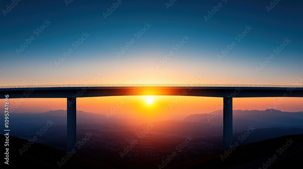 Fototapeta premium A bridge spans a valley with a beautiful sunset in the background
