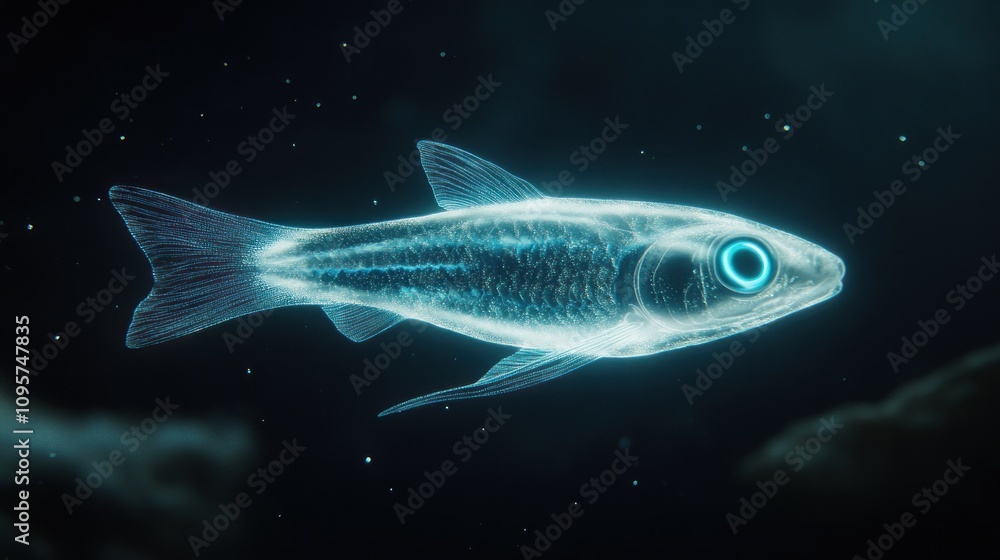 A glowing, translucent fish swimming in a dark, starry environment. A glowing, translucent fish swimming in a dark, starry environment.