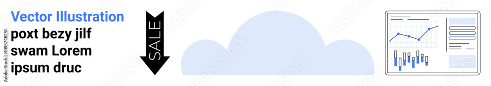 Bar and line graphs with sales metrics, cloud graphic and placeholder text in a minimalist design. Ideal for data analysis, business strategy, and sales performance. Useful for marketing, technology Bar and line graphs with sales metrics, cloud graphic and placeholder text in a minimalist design. Ideal for data analysis, business strategy, and sales performance. Useful for marketing, technology