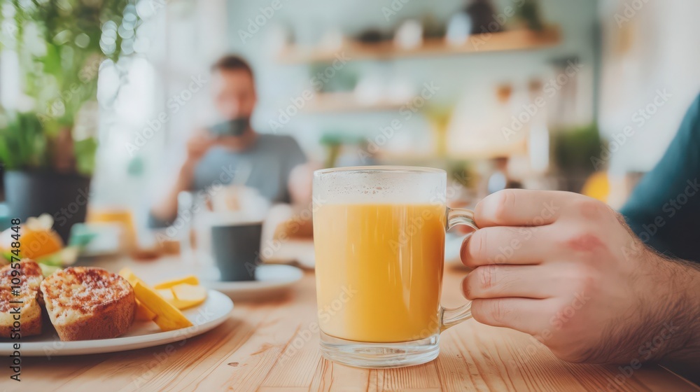 A man is holding a glass of orange juice in front of a plate of food A man is holding a glass of orange juice in front of a plate of food