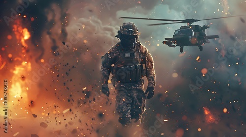 A soldier walks through chaos, with explosions and a helicopter in the background, depicting a dramatic military scene.