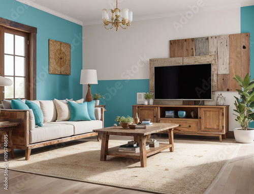 Cozy Rustic Living Room With Earthy Tones and Modern Decor.A warm and inviting living room featuring rustic wooden beams, earthy orange walls, modern gray furniture, and decorative plants.