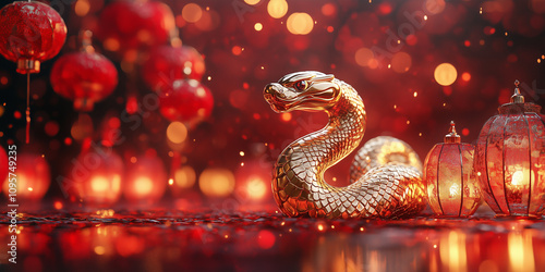 Chinese lunar new year snake, year of the snake. Golden snake on a red background with lanterns. photo