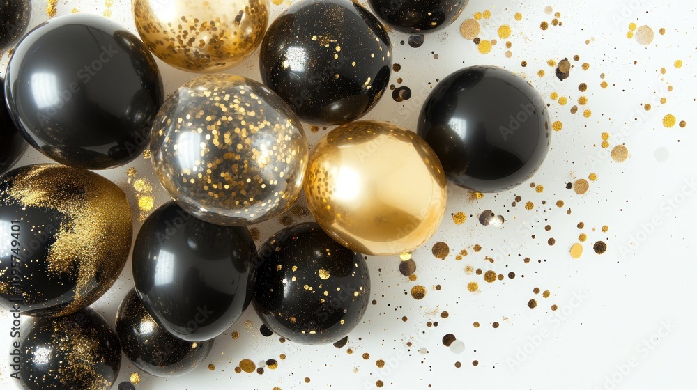A collection of black, gold, and clear balloons with glitter, ideal for celebrations. A collection of black, gold, and clear balloons with glitter, ideal for celebrations.