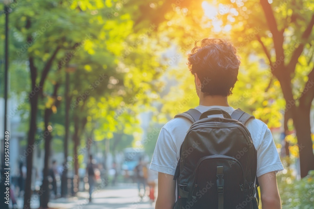 Man walks down a tree-lined path. Perfect for travel, adventure, or wanderlust themes.