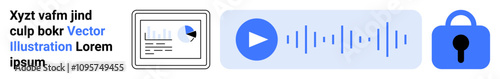 Graph presentation, audio recording with play button and waveform, and security lock icon. Ideal for business analytics, data security, presentations, sound design, digital media, technology, online