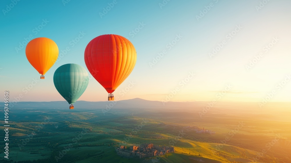 Colorful hot air balloons floating over a picturesque landscape dotted with ancient ruins, evoking a sense of wonder and adventure associated with global travel. Colorful hot air balloons floating over a picturesque landscape dotted with ancient ruins, evoking a sense of wonder and adventure associated with global travel.